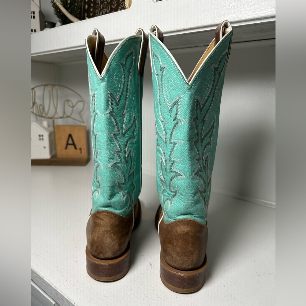 Justin Women’s 8B Cowboy Boots Brown Leather & Turquoise Western Handmade USA - Picture 6 of 9